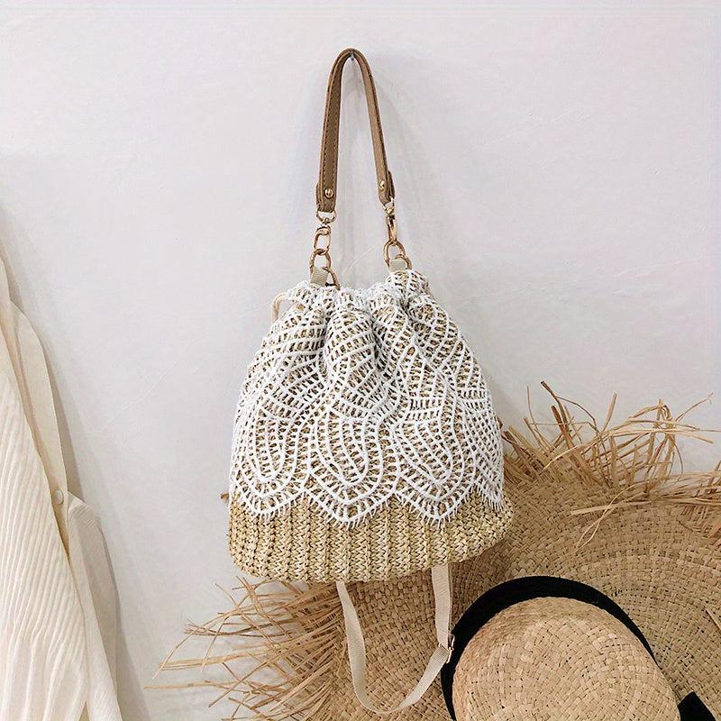 Braided Lace Straw Bucket Bag Drawstring Crossbody Bag Women's Handbag