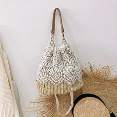 Braided Lace Straw Bucket Bag Drawstring Crossbody Bag Women's Handbag