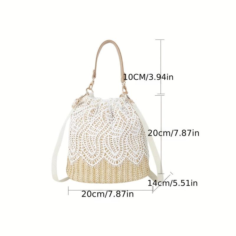 Braided Lace Straw Bucket Bag Drawstring Crossbody Bag Women's Handbag