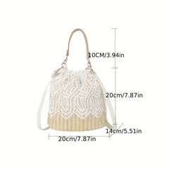 Braided Lace Straw Bucket Bag Drawstring Crossbody Bag Women's Handbag