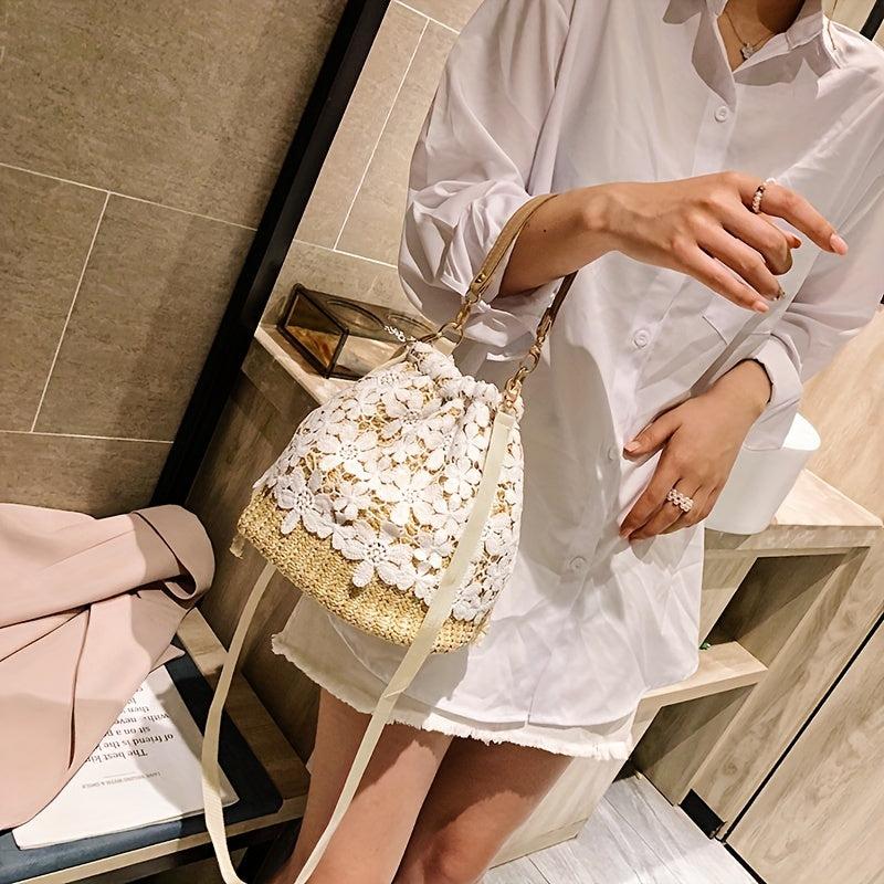 Braided Lace Straw Bucket Bag Drawstring Crossbody Bag Women's Handbag