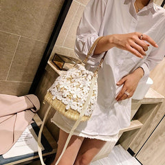 Braided Lace Straw Bucket Bag Drawstring Crossbody Bag Women's Handbag
