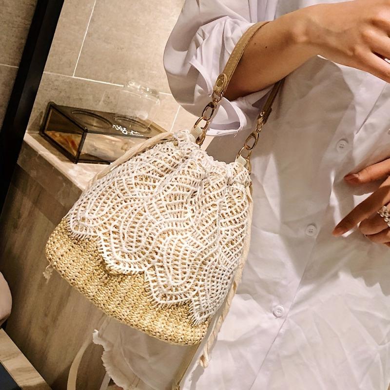 Braided Lace Straw Bucket Bag Drawstring Crossbody Bag Women's Handbag