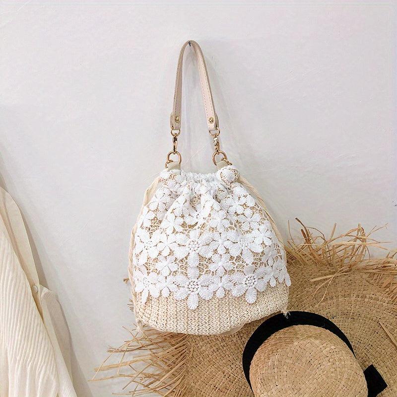 Braided Lace Straw Bucket Bag Drawstring Crossbody Bag Women's Handbag
