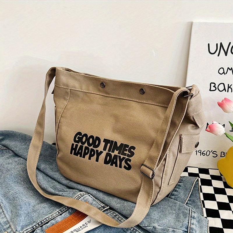 Vintage Letter Print Crossbody Bag Canvas Shoulder Bag