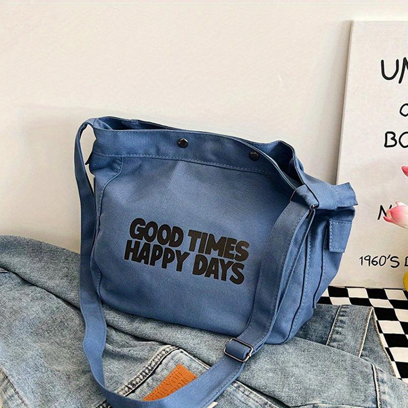 Vintage Letter Print Crossbody Bag Canvas Shoulder Bag