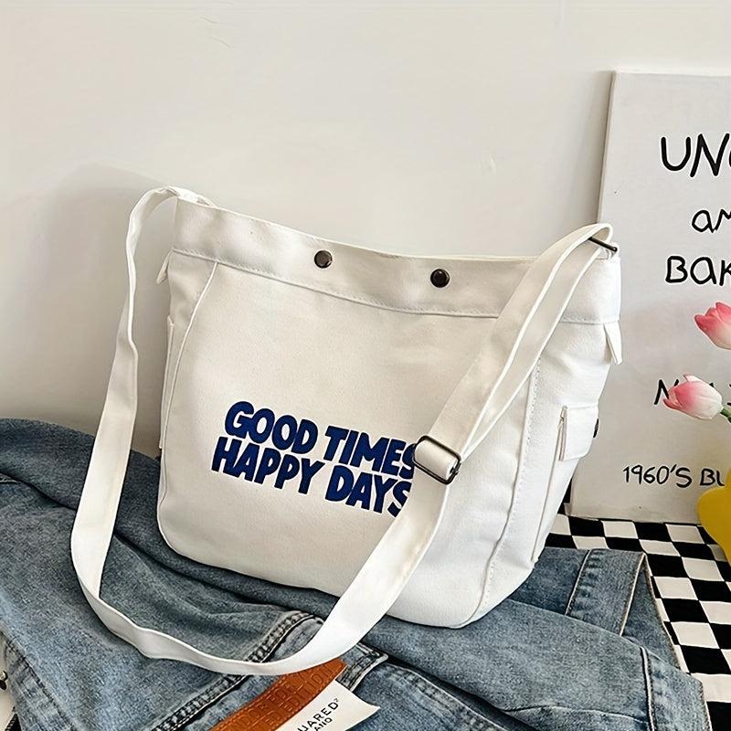 Vintage Letter Print Crossbody Bag Canvas Shoulder Bag