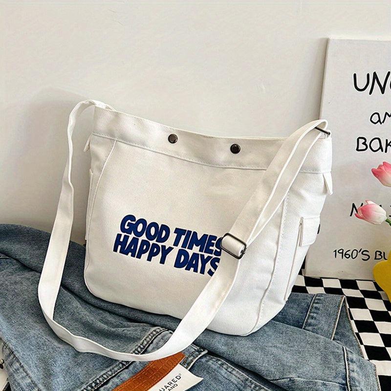 Vintage Letter Print Crossbody Bag Canvas Shoulder Bag