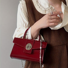 Red Minimalist Square Satchel Bag Niche Turn Lock Shoulder Bag