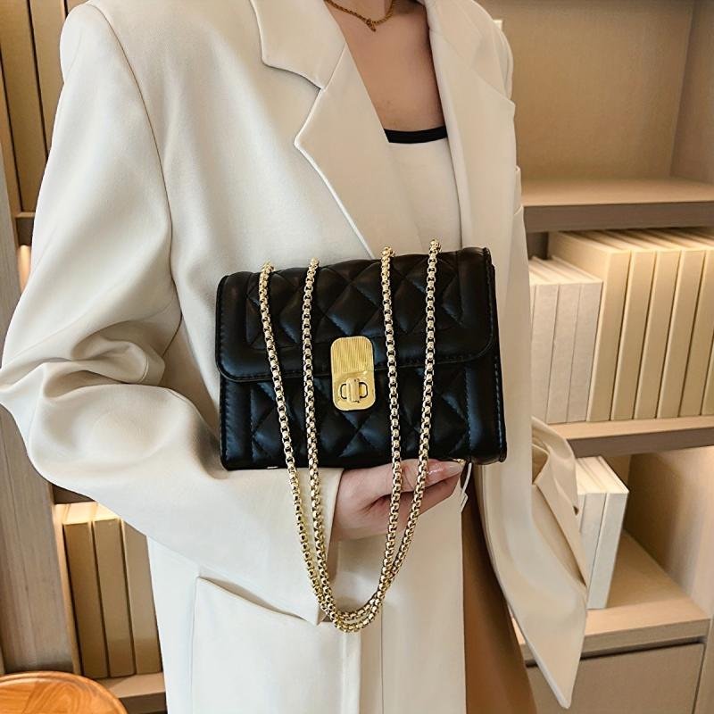 Quilted Shoulder Bag Turn Lock Chain Flap Crossbody Bag