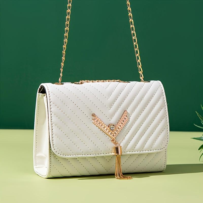 Rhinestone V Tassel Shoulder Bag Small Crossbody Chain Bag