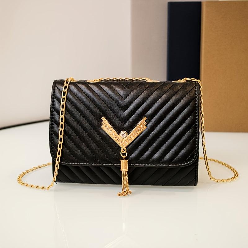 Rhinestone V Tassel Shoulder Bag Small Crossbody Chain Bag