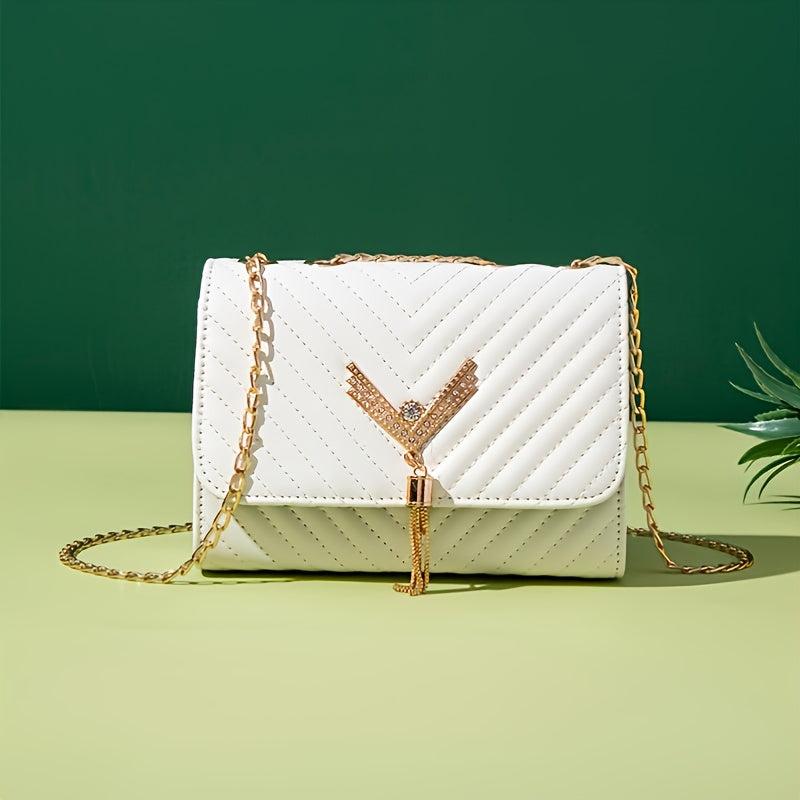 Rhinestone V Tassel Shoulder Bag Small Crossbody Chain Bag