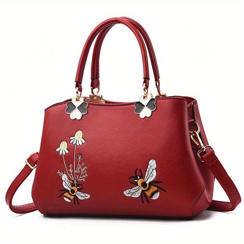 Flower Embroidered Handbags PU Crossbody Bag Women's Top Handle Satchel Purse