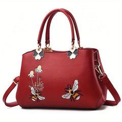 Flower Embroidered Handbags PU Crossbody Bag Women's Top Handle Satchel Purse