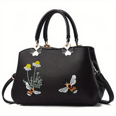 Flower Embroidered Handbags PU Crossbody Bag Women's Top Handle Satchel Purse