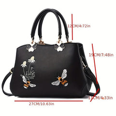 Flower Embroidered Handbags PU Crossbody Bag Women's Top Handle Satchel Purse