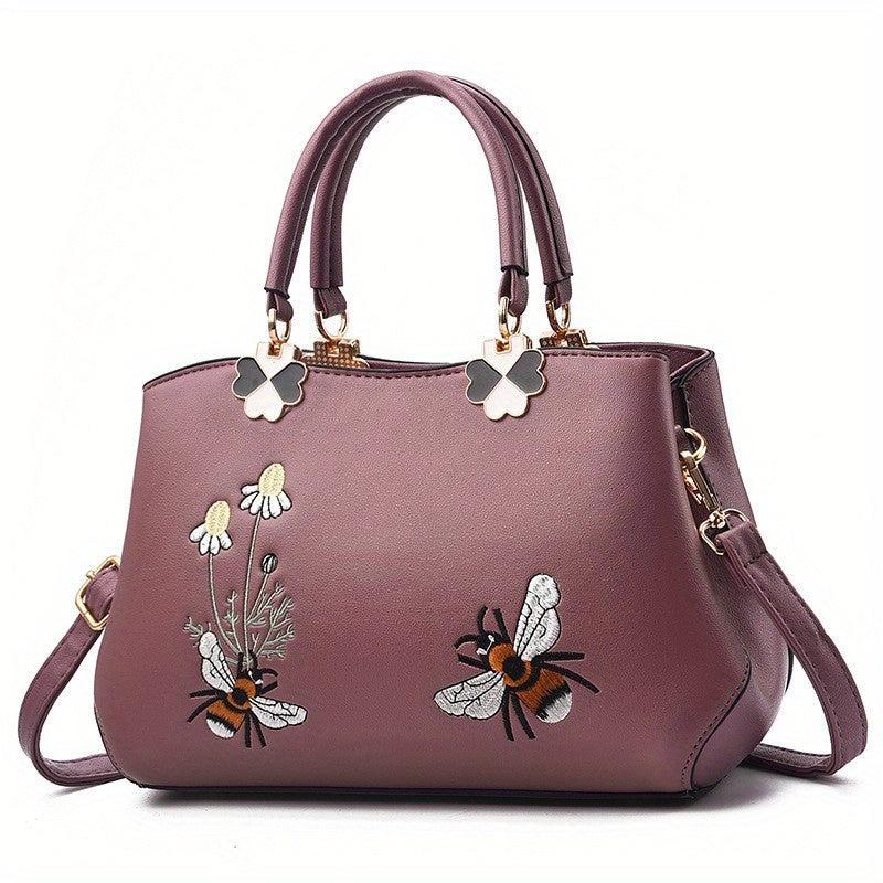 Flower Embroidered Handbags PU Crossbody Bag Women's Top Handle Satchel Purse