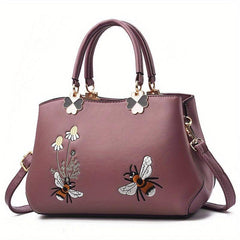 Flower Embroidered Handbags PU Crossbody Bag Women's Top Handle Satchel Purse