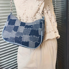 Denim Shoulder Bag with Metal Chain Link Zipper Closure