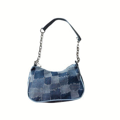 Denim Shoulder Bag with Metal Chain Link Zipper Closure