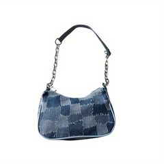 Denim Shoulder Bag with Metal Chain Link Zipper Closure