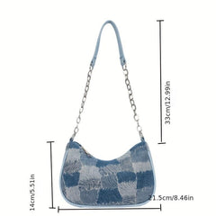 Denim Shoulder Bag with Metal Chain Link Zipper Closure