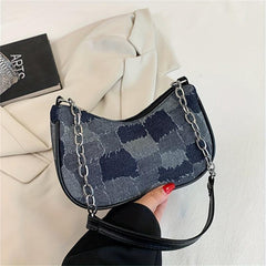 Denim Shoulder Bag with Metal Chain Link Zipper Closure