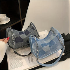 Denim Shoulder Bag with Metal Chain Link Zipper Closure