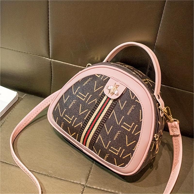 Vintage Letter Print Shell Crossbody Bag with Metal Bee