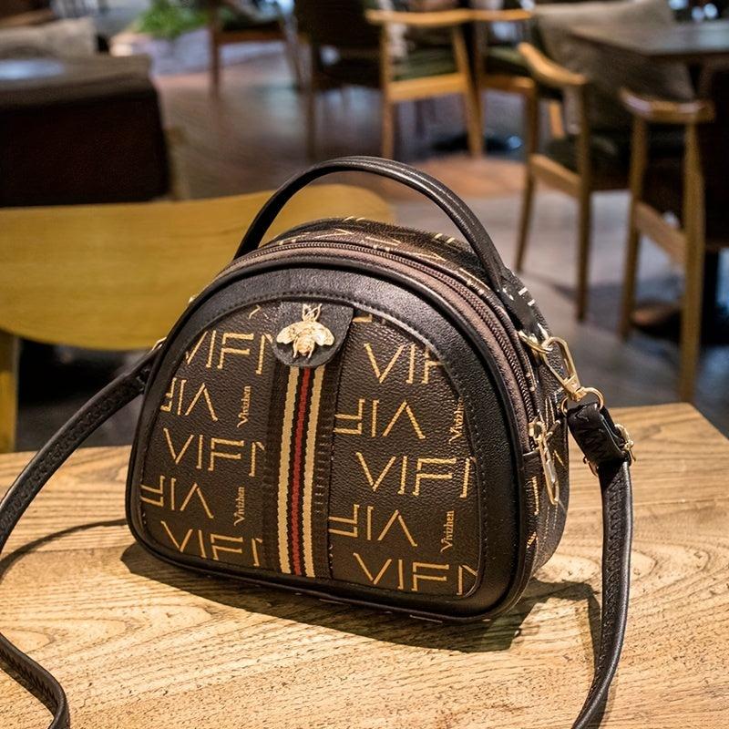 Vintage Letter Print Shell Crossbody Bag with Metal Bee