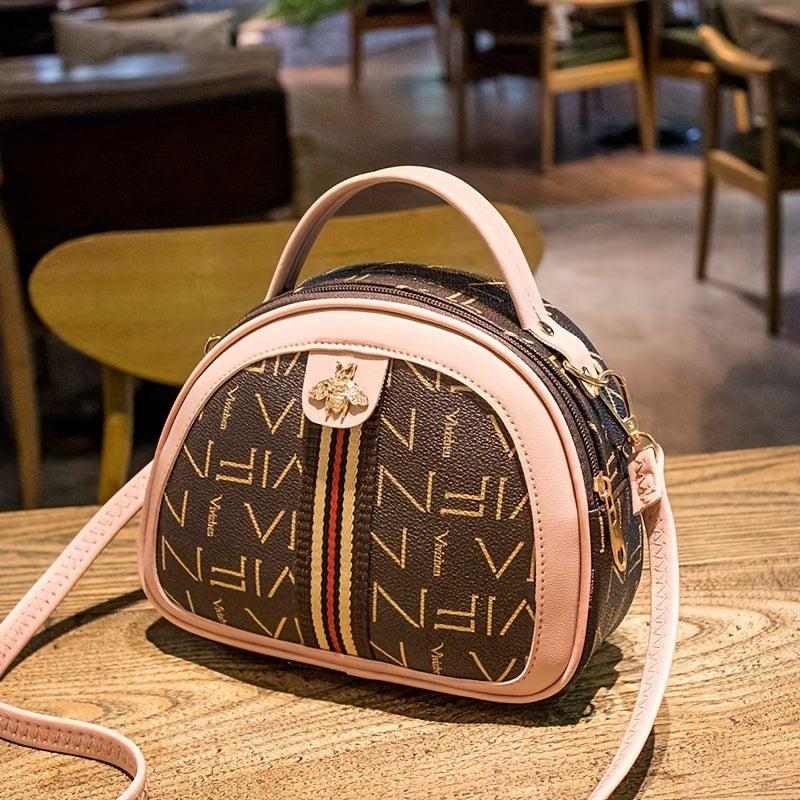 Vintage Letter Print Shell Crossbody Bag with Metal Bee
