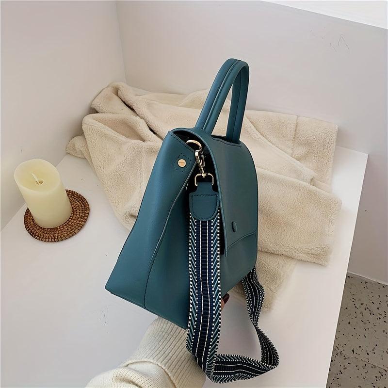 Vintage Solid Handbags Striped Strap Shoulder Bag Women's Flap Office Purse