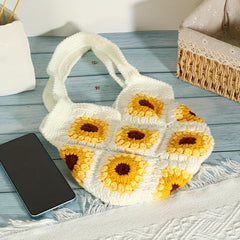Boho Sunflower Crochet Bag Straw Handbag Woven Storage