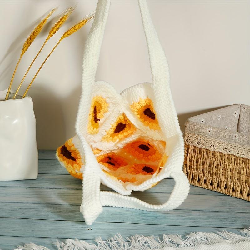 Boho Sunflower Crochet Bag Straw Handbag Woven Storage