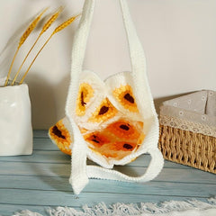 Boho Sunflower Crochet Bag Straw Handbag Woven Storage