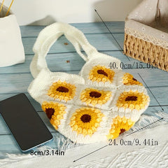 Boho Sunflower Crochet Bag Straw Handbag Woven Storage