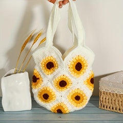 Boho Sunflower Crochet Bag Straw Handbag Woven Storage