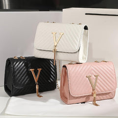 Quilted Crossbody Bag Tassel Decor Shoulder Bag PU Leather Square Purse