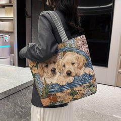 Vintage Embroidered Tote Bag Animal Pattern Canvas Shoulder Bag