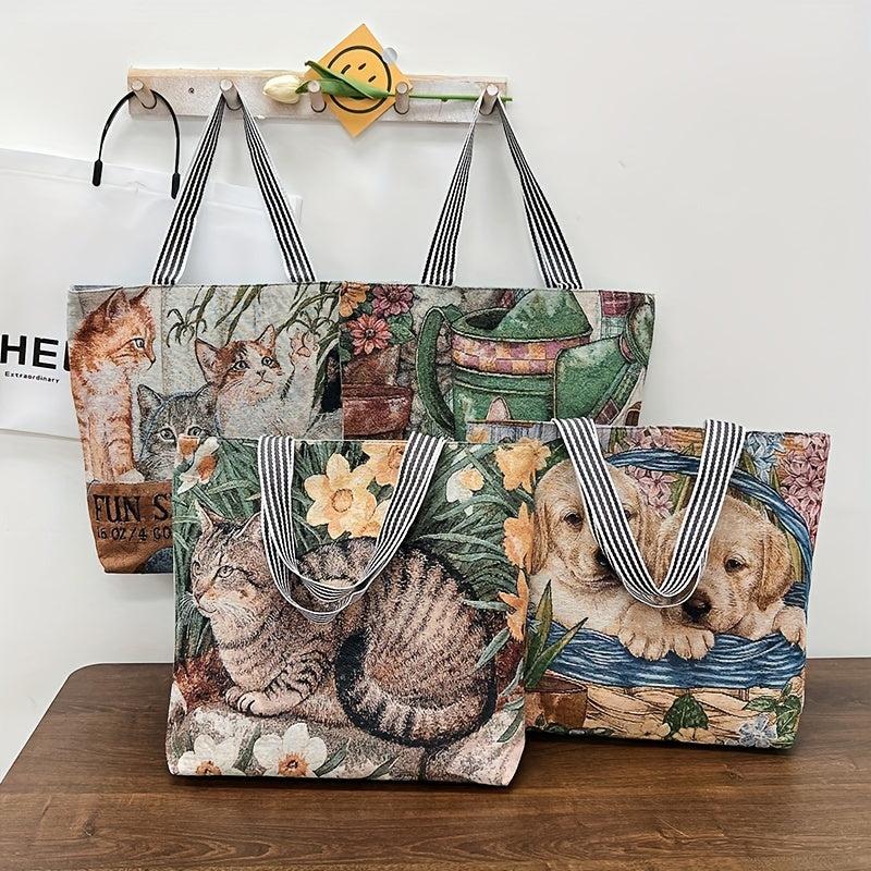 Vintage Embroidered Tote Bag Animal Pattern Canvas Shoulder Bag
