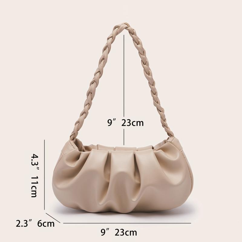 Apricot Ruched Shoulder Bag Braided Handle Purse For Women Faux Leather Handbag