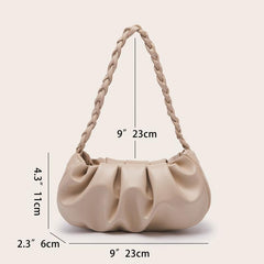 Apricot Ruched Shoulder Bag Braided Handle Purse For Women Faux Leather Handbag