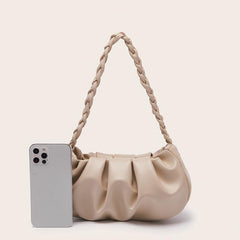Apricot Ruched Shoulder Bag Braided Handle Purse For Women Faux Leather Handbag