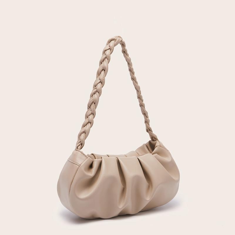 Apricot Ruched Shoulder Bag Braided Handle Purse For Women Faux Leather Handbag