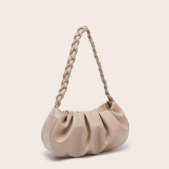 Apricot Ruched Shoulder Bag Braided Handle Purse For Women Faux Leather Handbag
