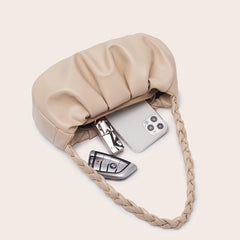 Apricot Ruched Shoulder Bag Braided Handle Purse For Women Faux Leather Handbag