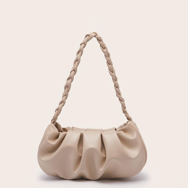 Apricot Ruched Shoulder Bag Braided Handle Purse For Women Faux Leather Handbag