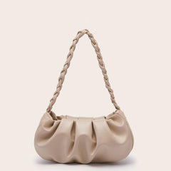 Apricot Ruched Shoulder Bag Braided Handle Purse For Women Faux Leather Handbag
