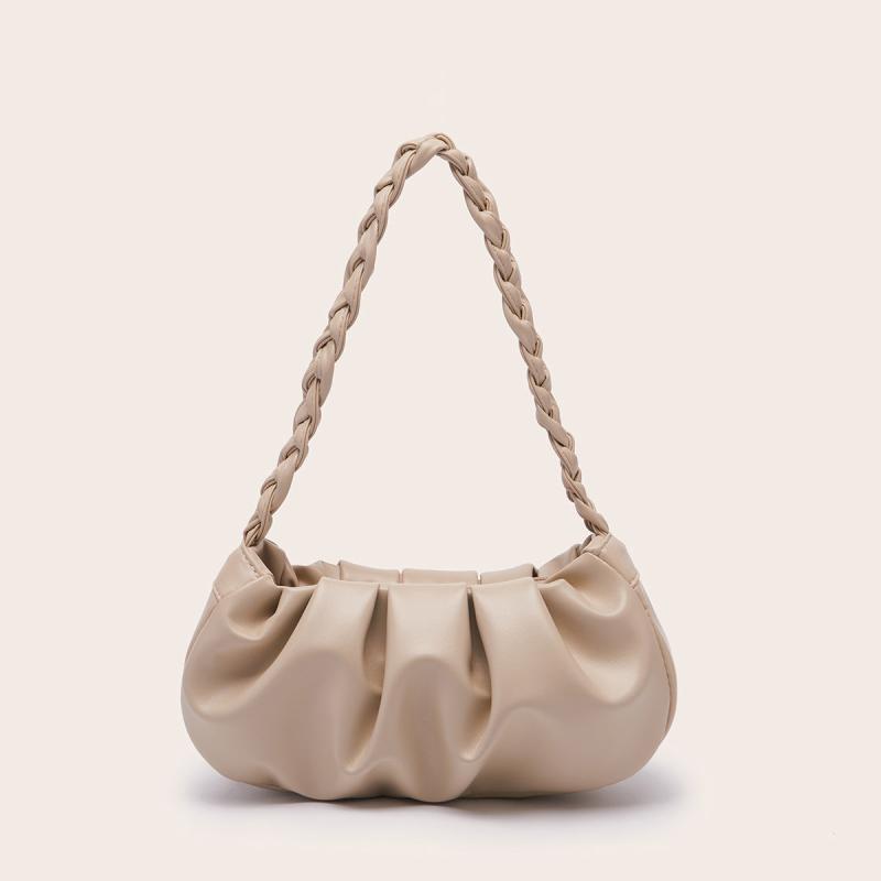 Apricot Ruched Shoulder Bag Braided Handle Purse For Women Faux Leather Handbag